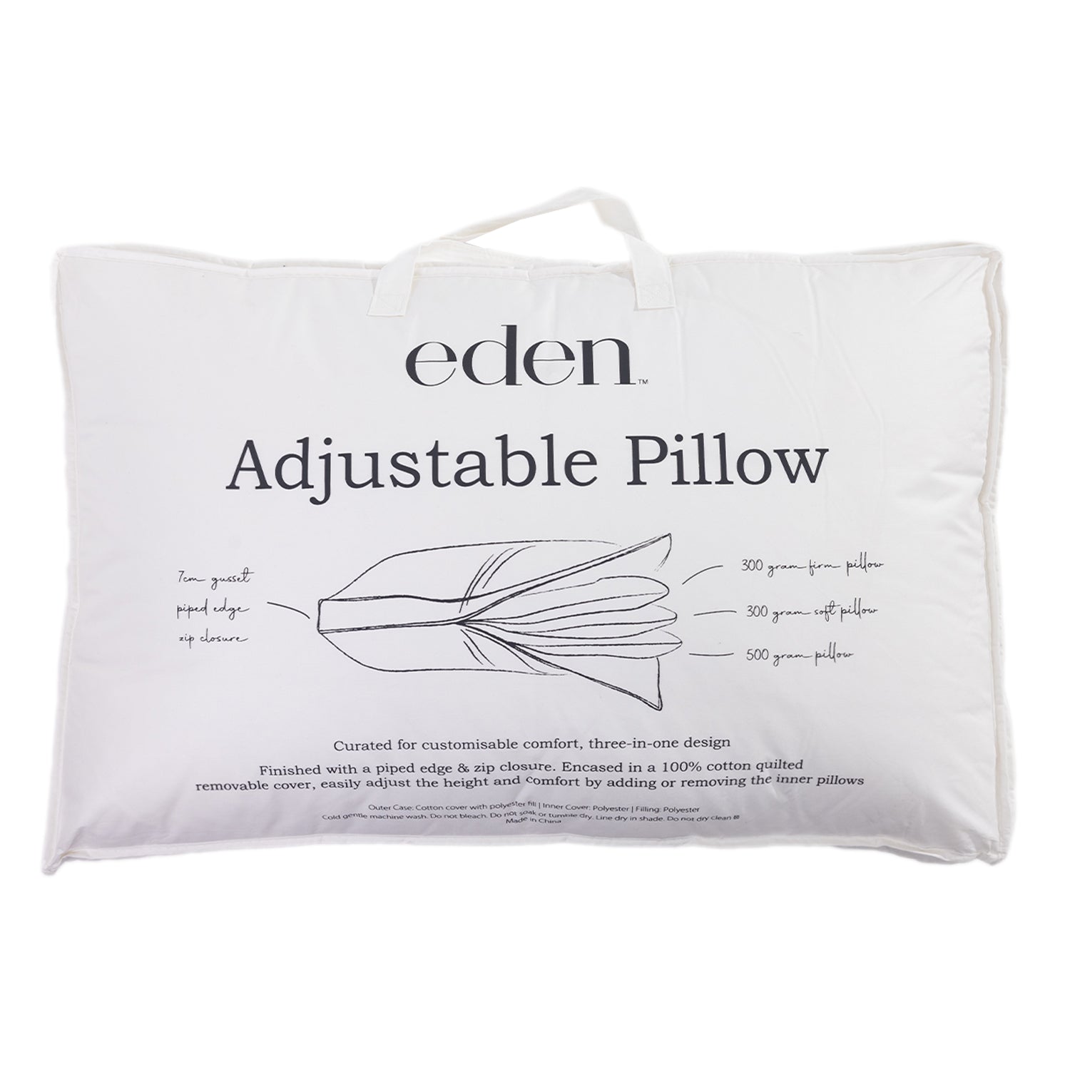 A white adjustable pillow cover by Eden, featuring black printed text and a line drawing of a pillow with labeled sections.