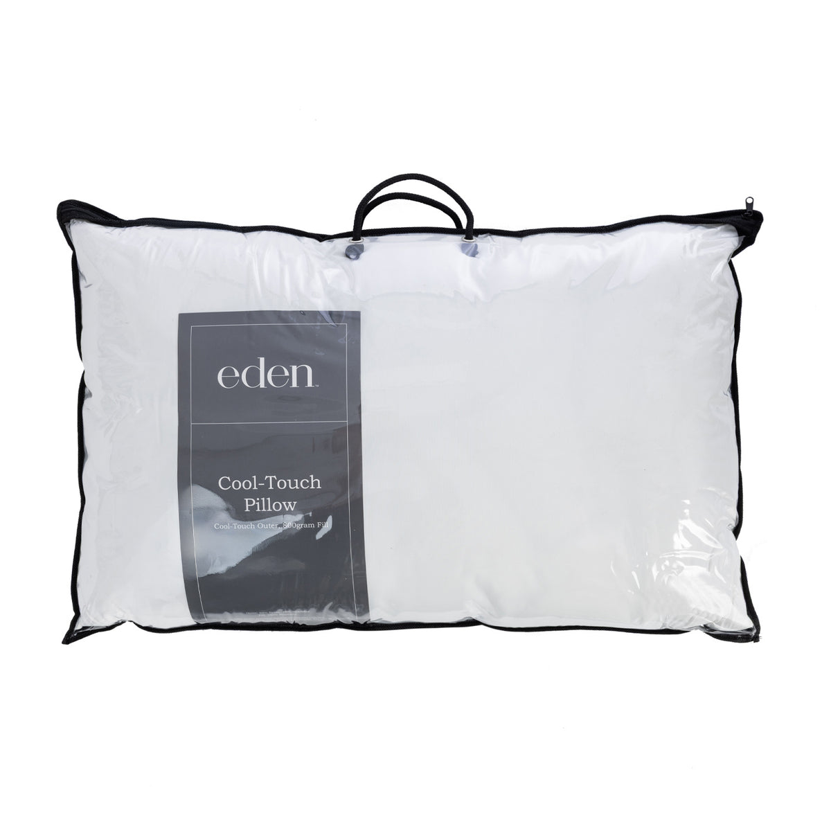 Eden Cool-Touch Pillow in white, shown packaged in a clear carry bag with black trim and handles. The front label identifies the pillow as featuring a cool-touch outer and generous 800g fill.