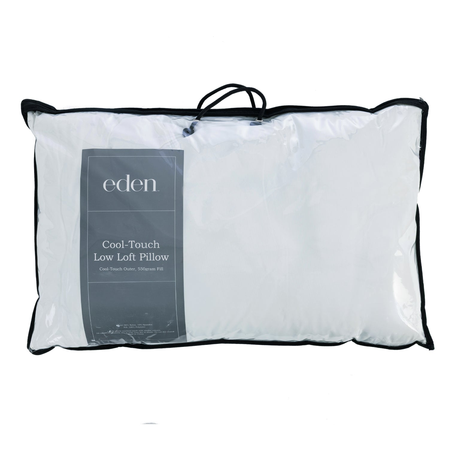 A white Cool-Touch Low Loft Pillow in its clear plastic packaging with black trim and a gray label that reads 'eden'.