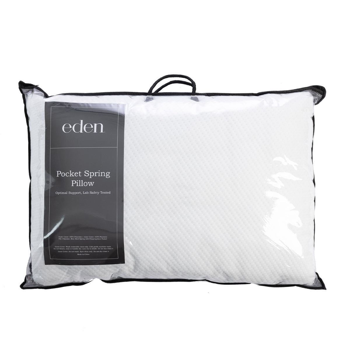 Eden Pocket Spring Pillow in white, presented in its clear carry bag packaging with black trim and handles.