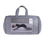 A gray Solace Aloe Vera Buddy Pillow with pillowcase, shown in its packaging with a clear window displaying the white pillow inside and a printed brand label.