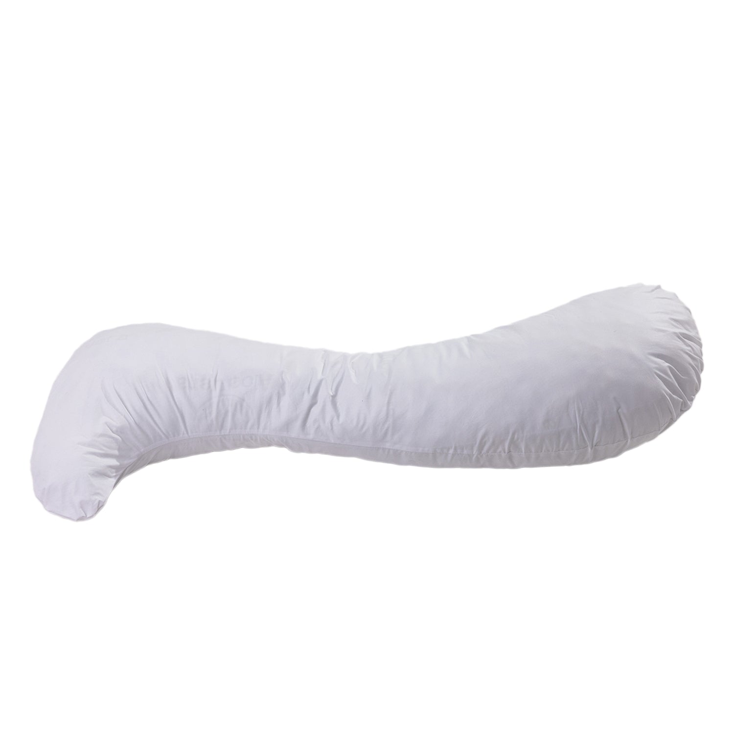 A white, contoured lumbar support pillow shown from a side profile view against a solid white background.