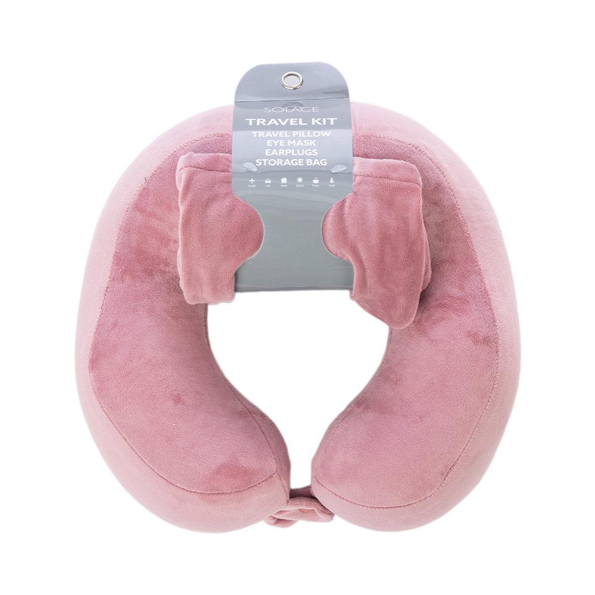 Blush memory foam travel pillow kit shown in its retail packaging.