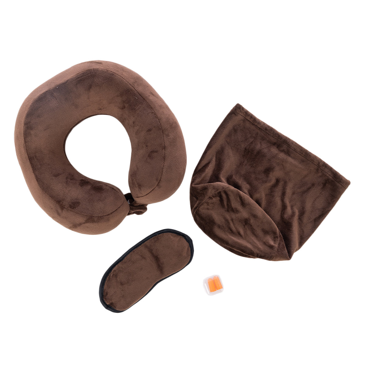 Brown travel pillow kit with memory foam neck pillow, eye mask, earplugs and storage bag displayed on a white background.