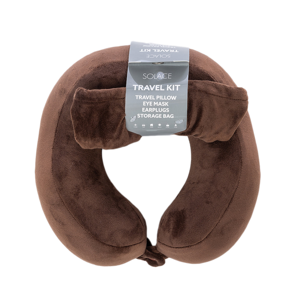 Brown memory foam travel pillow kit shown in its retail packaging.
