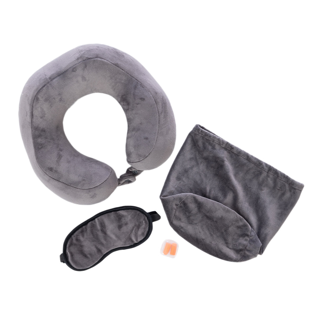 Charcoal travel pillow kit with memory foam neck pillow, eye mask, earplugs and storage bag displayed on a white background.