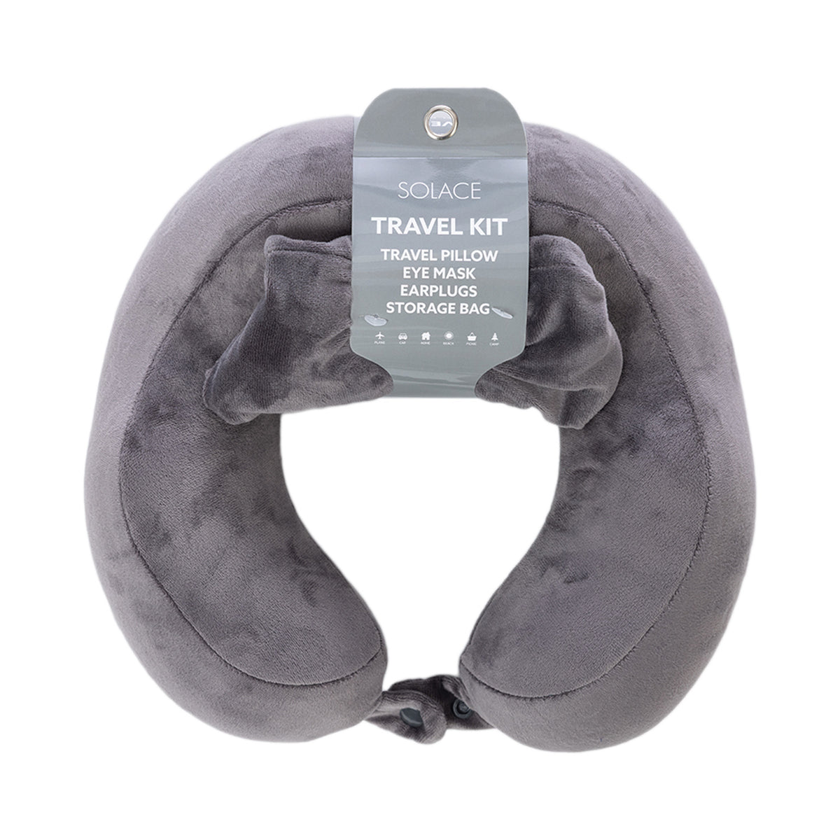 Charcoal memory foam travel pillow kit shown in its retail packaging.