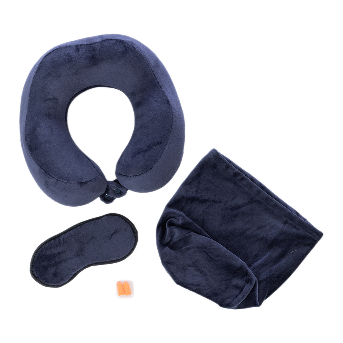 Midnight travel pillow kit with memory foam neck pillow, eye mask, earplugs and storage bag displayed on a white background.