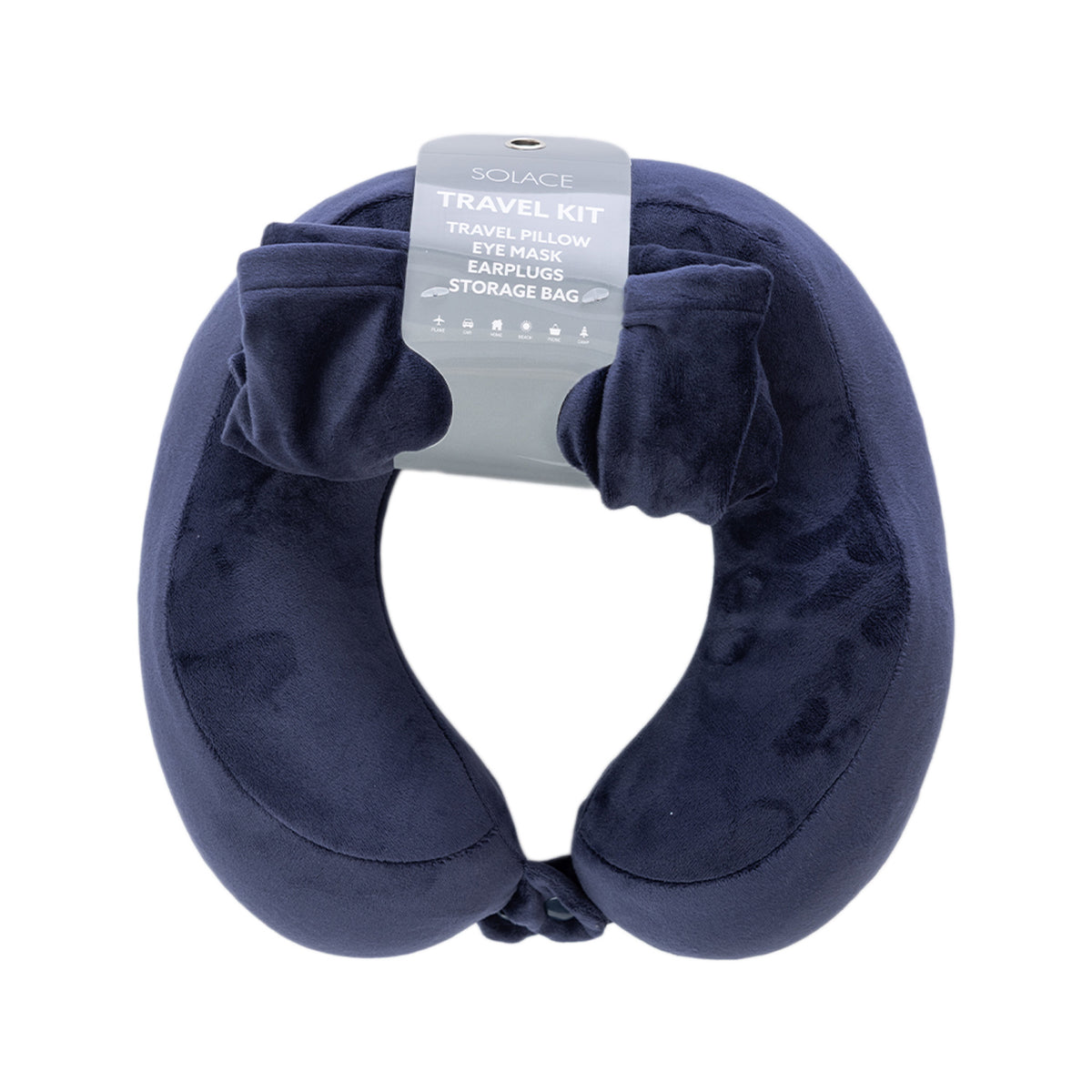 Midnight memory foam travel pillow kit shown in its retail packaging.