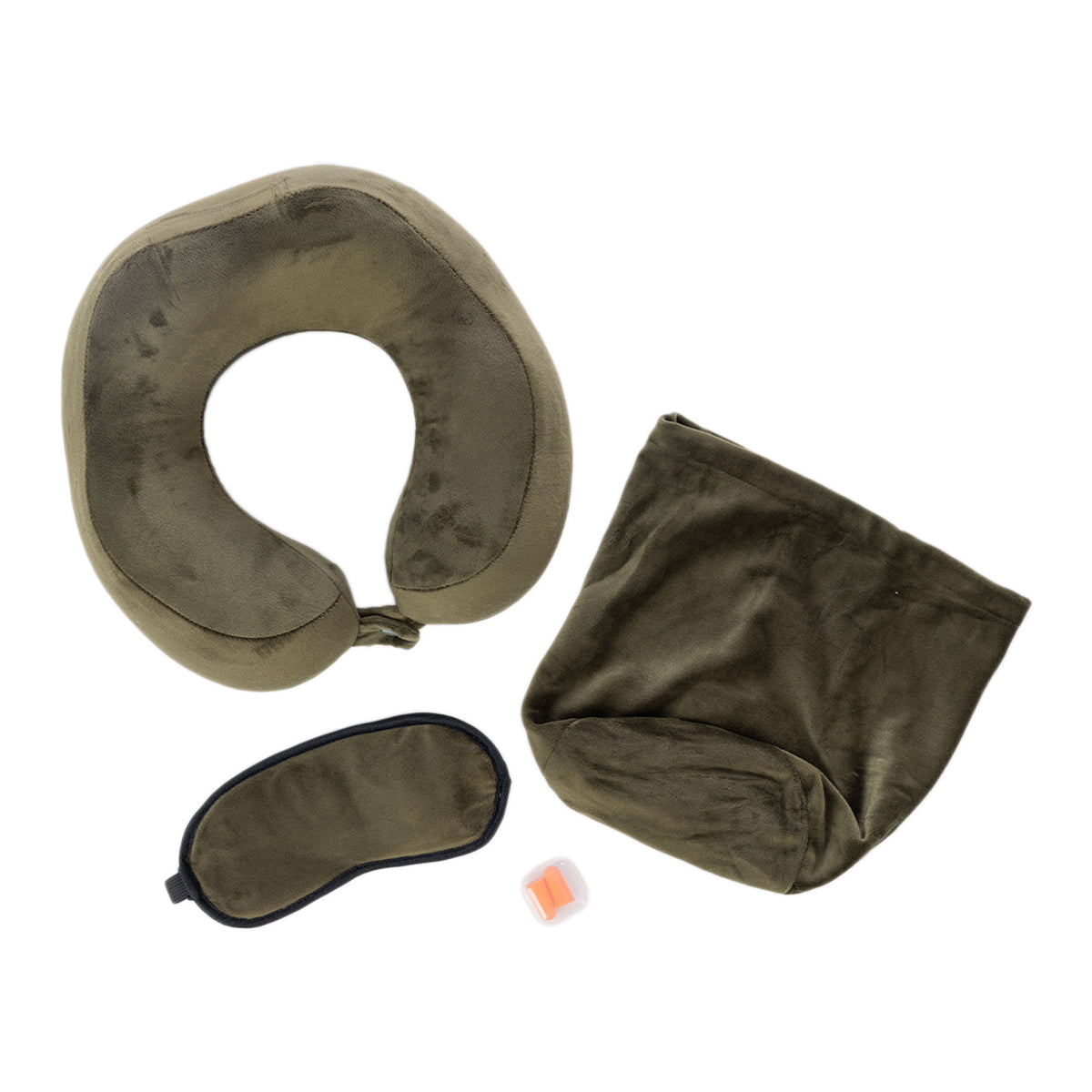 Olive travel pillow kit with memory foam neck pillow, eye mask, earplugs and storage bag displayed on a white background.