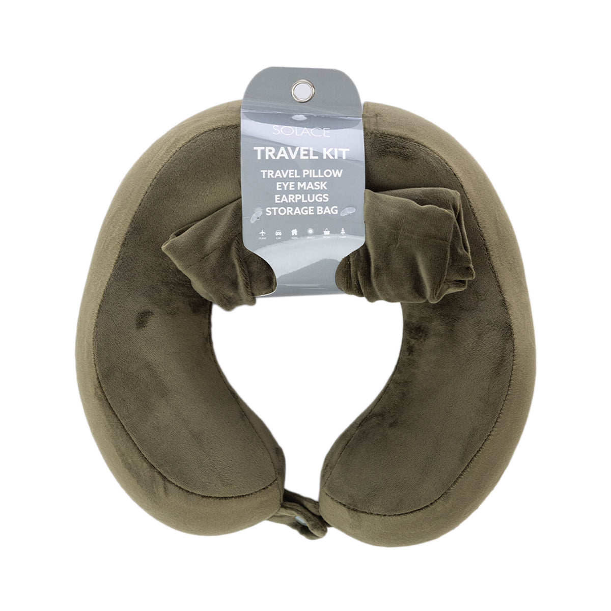 Olive memory foam travel pillow kit shown in its retail packaging.
