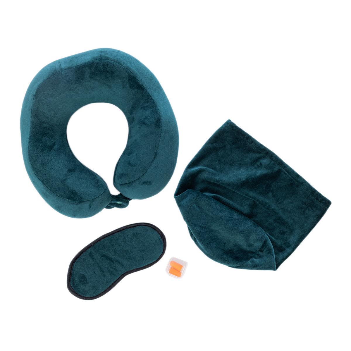 Teal travel pillow kit with memory foam neck pillow, eye mask, earplugs and storage bag displayed on a white background.