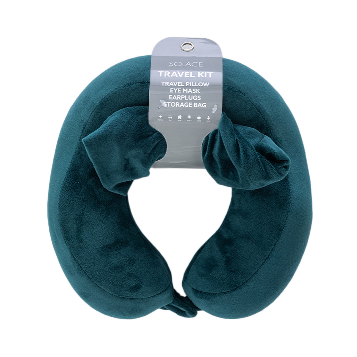 Teal memory foam travel pillow kit shown in its retail packaging.