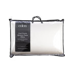 Eden Cool-Touch Memory Foam Pillow in white, packaged in a clear, black-trimmed carry bag with handles and a black product label on the front.