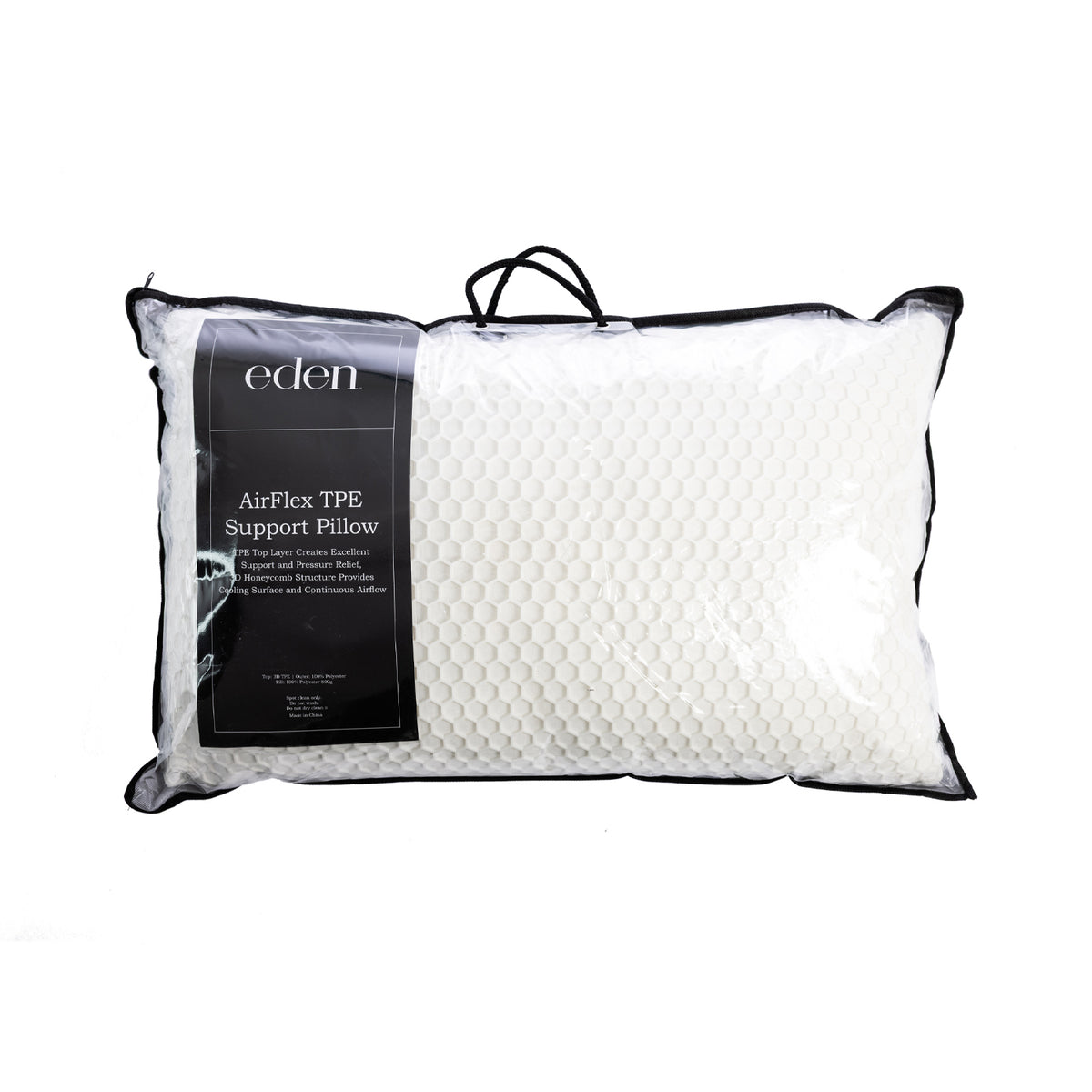 A packaged white pillow with a black handle and a black label that reads 'eden' and 'AirFlex TPE Support Pillow' on a plain white background.