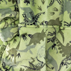Close up of child wearing a green dinosaur print hoodie 