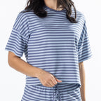 Close-up of the Simple & Sunday Lounge Relaxed Stripe Tee in Faded Blue showing the striped fabric and relaxed fit.