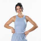 Front view of the model wearing the Faded Blue Simple & Sunday Lounge Weekend Ribbed Tank Top with matching lounge shorts.
