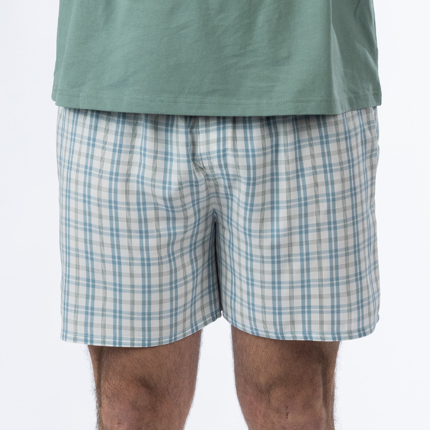 Close-up of the Design Plus Men’s Check PJ Set Blue shorts, showing the blue, white and grey check pattern.