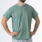 Close-up of the sage green short-sleeve T-shirt from the Design Plus Men’s Check PJ Set Blue.