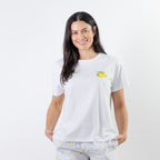 bb&b Sleep Limoncello Print Sleep Tee in White, featuring a small lemon graphic on the chest and coordinating striped lemon-print sleep shorts.