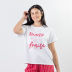 bb&b Sleep Strawberry Print Sleep Tee in White, featuring a pink “Rouge Fraise” strawberry graphic on the front, paired with pink striped sleep shorts.