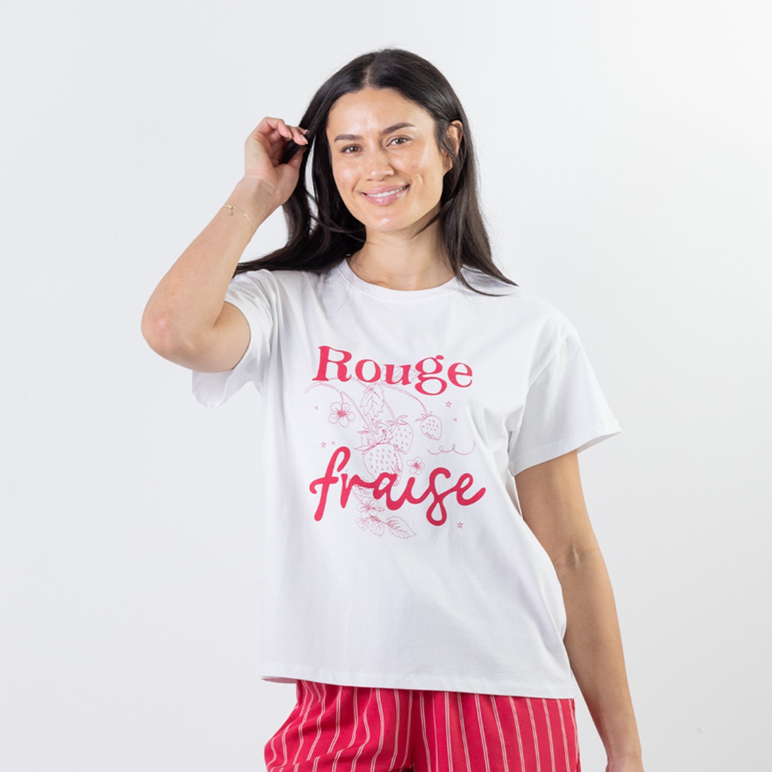bb&b Sleep Strawberry Print Sleep Tee in White, featuring a pink “Rouge Fraise” strawberry graphic on the front, paired with pink striped sleep shorts.