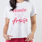Close-up of the bb&b Sleep Strawberry Print Sleep Tee in White, highlighting the pink strawberry illustration and “Rouge Fraise” front print.