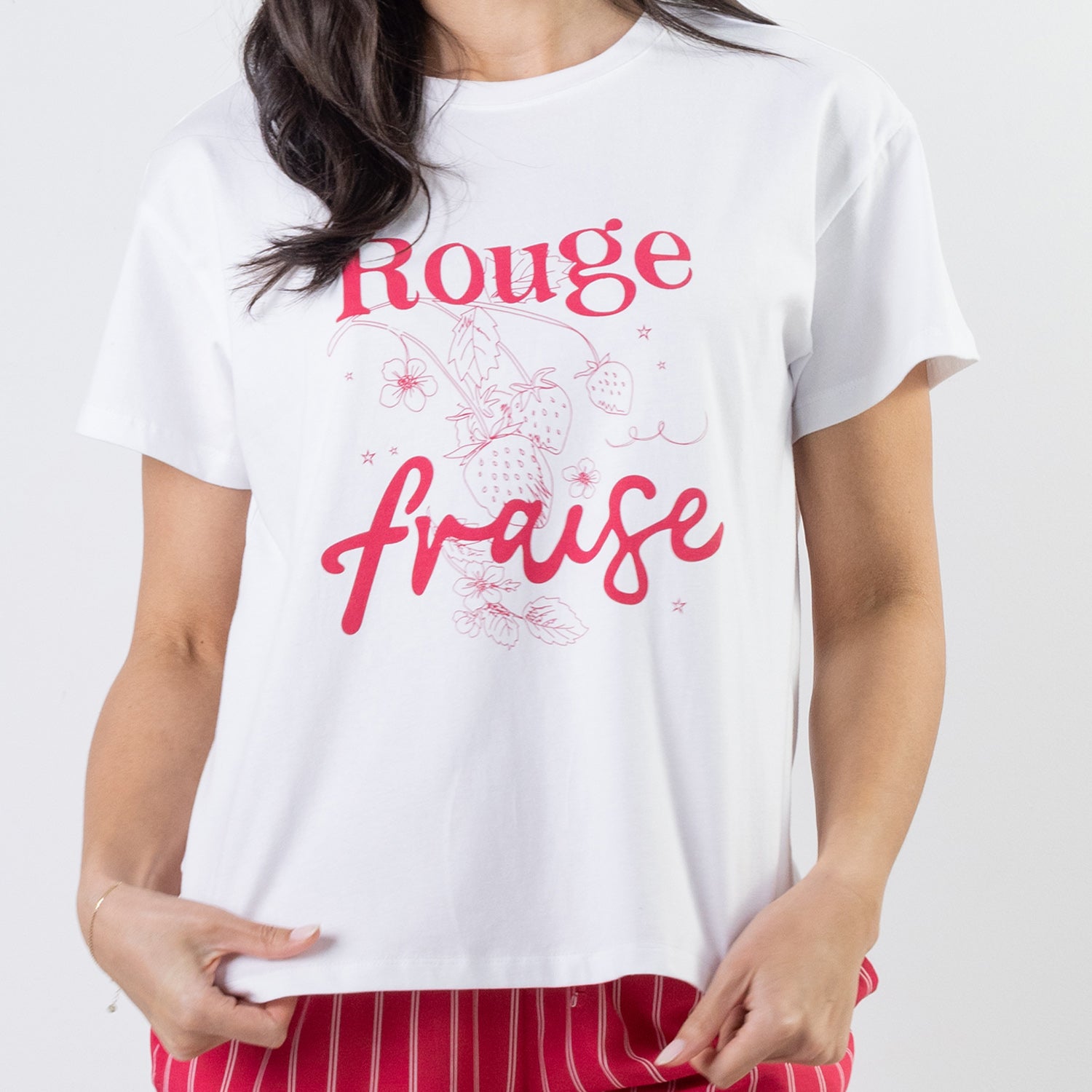 Close-up of the bb&b Sleep Strawberry Print Sleep Tee in White, highlighting the pink strawberry illustration and “Rouge Fraise” front print.