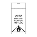 A rectangular white warning label with black text reading 'CAUTION KEEP AWAY FROM HEAT AND FLAME' and a black flame icon inside a triangle at the bottom.