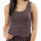 Close-up of the Design Republique Ribbed Singlet in Chocolate, highlighting the scoop neckline and ribbed fabric texture.