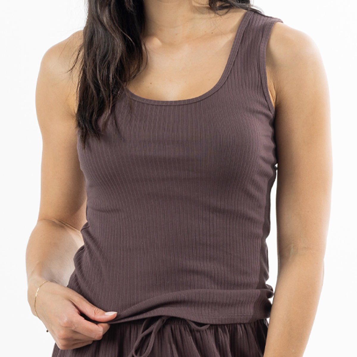 Close-up of the Design Republique Ribbed Singlet in Chocolate, highlighting the scoop neckline and ribbed fabric texture.