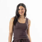 Design Republique Ribbed Singlet in Chocolate shown from the front with matching drawstring shorts.