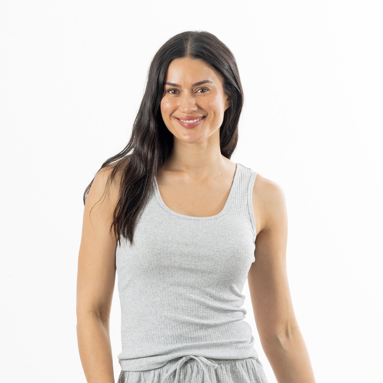 Design Republique Ribbed Singlet in Grey Marble, featuring a fitted sleeveless design with a scoop neckline and fine ribbed texture.