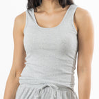 Close-up of the Design Republique Ribbed Singlet in Grey Marble, highlighting the scoop neckline and ribbed fabric texture.