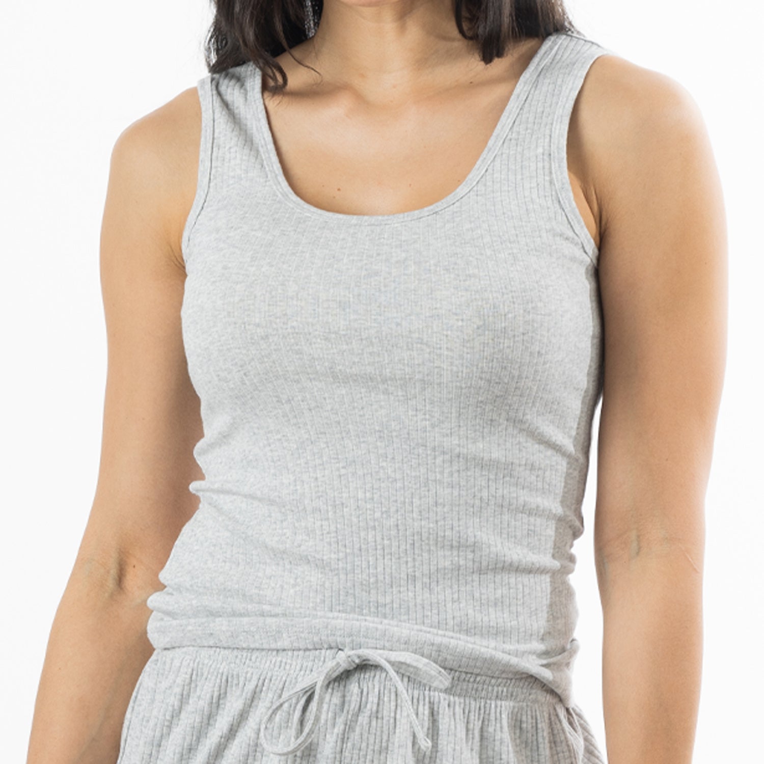 Close-up of the Design Republique Ribbed Singlet in Grey Marble, highlighting the scoop neckline and ribbed fabric texture.