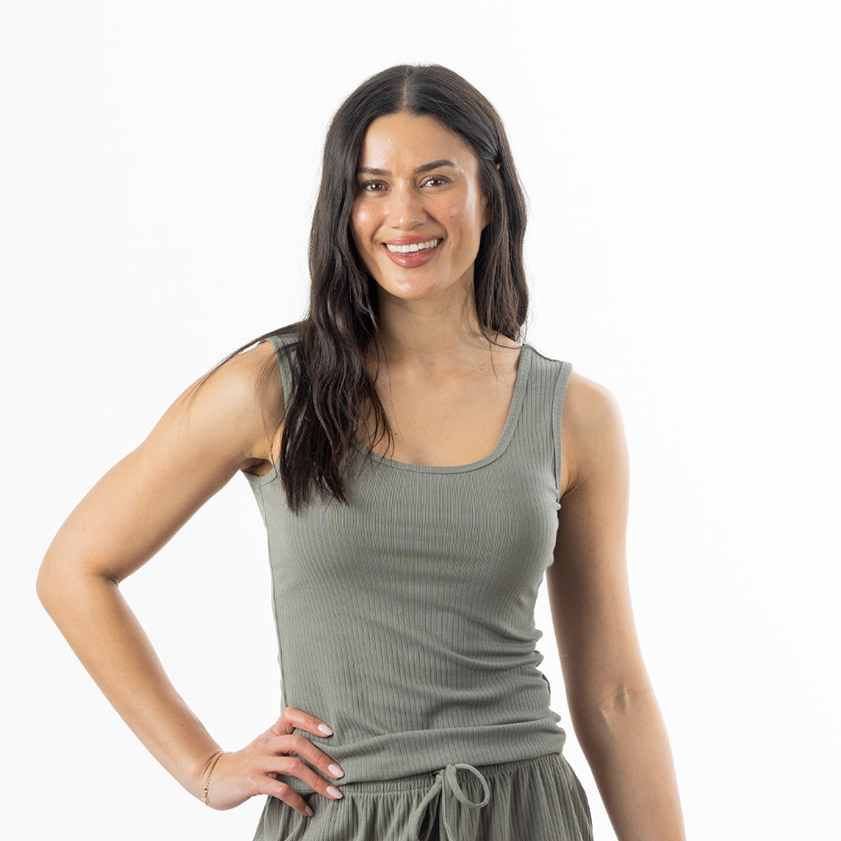 Design Republique Ribbed Singlet in Khaki, featuring a fitted sleeveless design with a scoop neckline and fine ribbed texture.