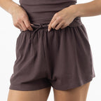 Close-up of the Design Republique Ribbed Shorts in Chocolate, highlighting the ribbed fabric and drawstring waistband.