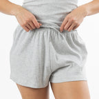 Close-up of the Design Republique Ribbed Shorts in Grey Marble, highlighting the elasticated waistband and drawstring tie.