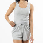 Design Republique Ribbed Shorts in Grey Marble shown with the matching ribbed singlet in a relaxed studio pose.