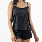Close-up of the Eden Satin Cami PJ Set in Black, highlighting the smooth satin finish and simple camisole design.