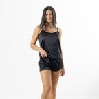 Eden Satin Cami PJ Set in Black shown from the front, featuring a classic camisole top and coordinating shorts.