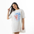Woman modelling a white oversized sleep tee featuring a large blue and orange Lobster Lovers Club graphic on the front.