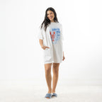 Full-length front view of the white oversized sleep tee with Lobster Lovers Club graphic, short sleeves and relaxed fit.