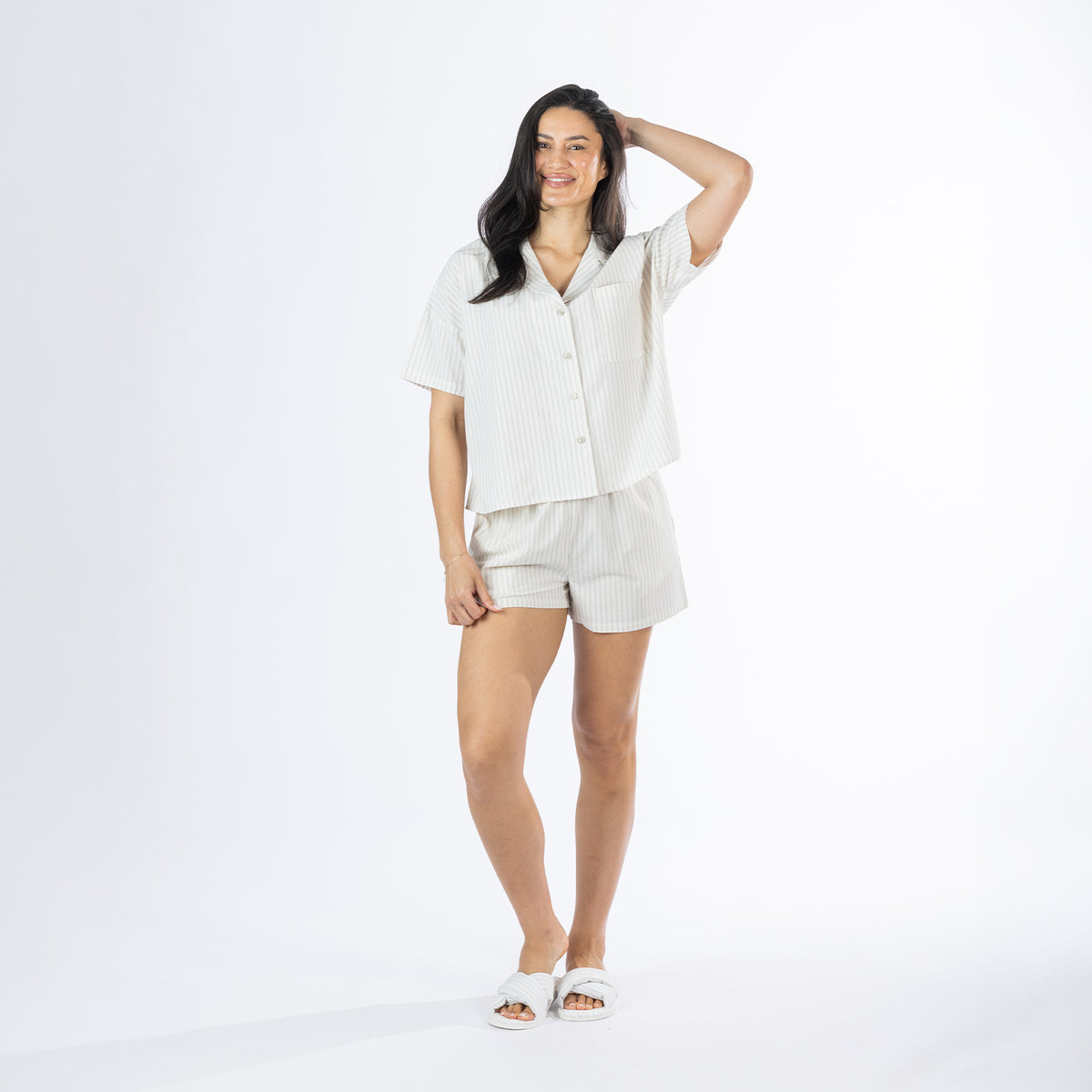 Full-length view of the Amparo Sophie Stripe PJ Set in Natural, showing the relaxed fit of the matching top and shorts.