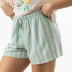 Side close-up of the bb&b Sleep Mint Stripe Pyjama Shorts, showing the mint and pink stripes, elasticated waistband and side pocket.