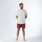 Design Plus Men’s Check PJ Set Red, featuring a plain white short-sleeve T-shirt with red tartan check shorts, shown full length on a model.