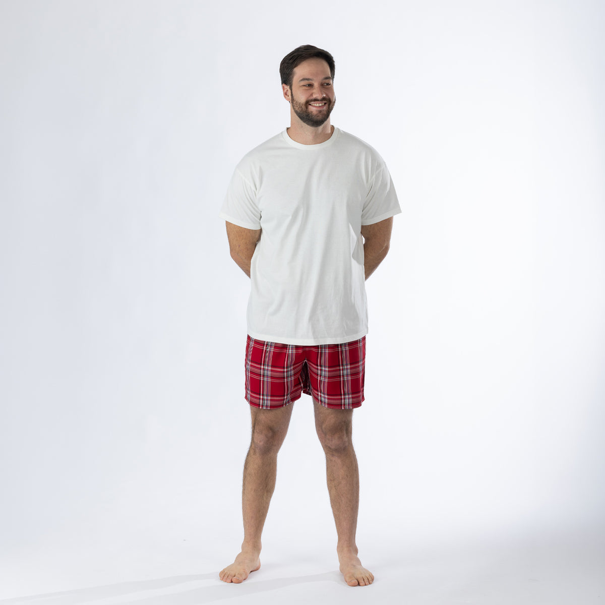 Design Plus Men’s Check PJ Set Red, featuring a plain white short-sleeve T-shirt with red tartan check shorts, shown full length on a model.