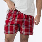 Close-up of the red tartan check shorts from the Design Plus Men’s Check PJ Set Red, showing the button detail at the front.