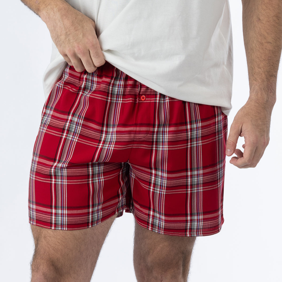 Close-up of the red tartan check shorts from the Design Plus Men’s Check PJ Set Red, showing the button detail at the front.